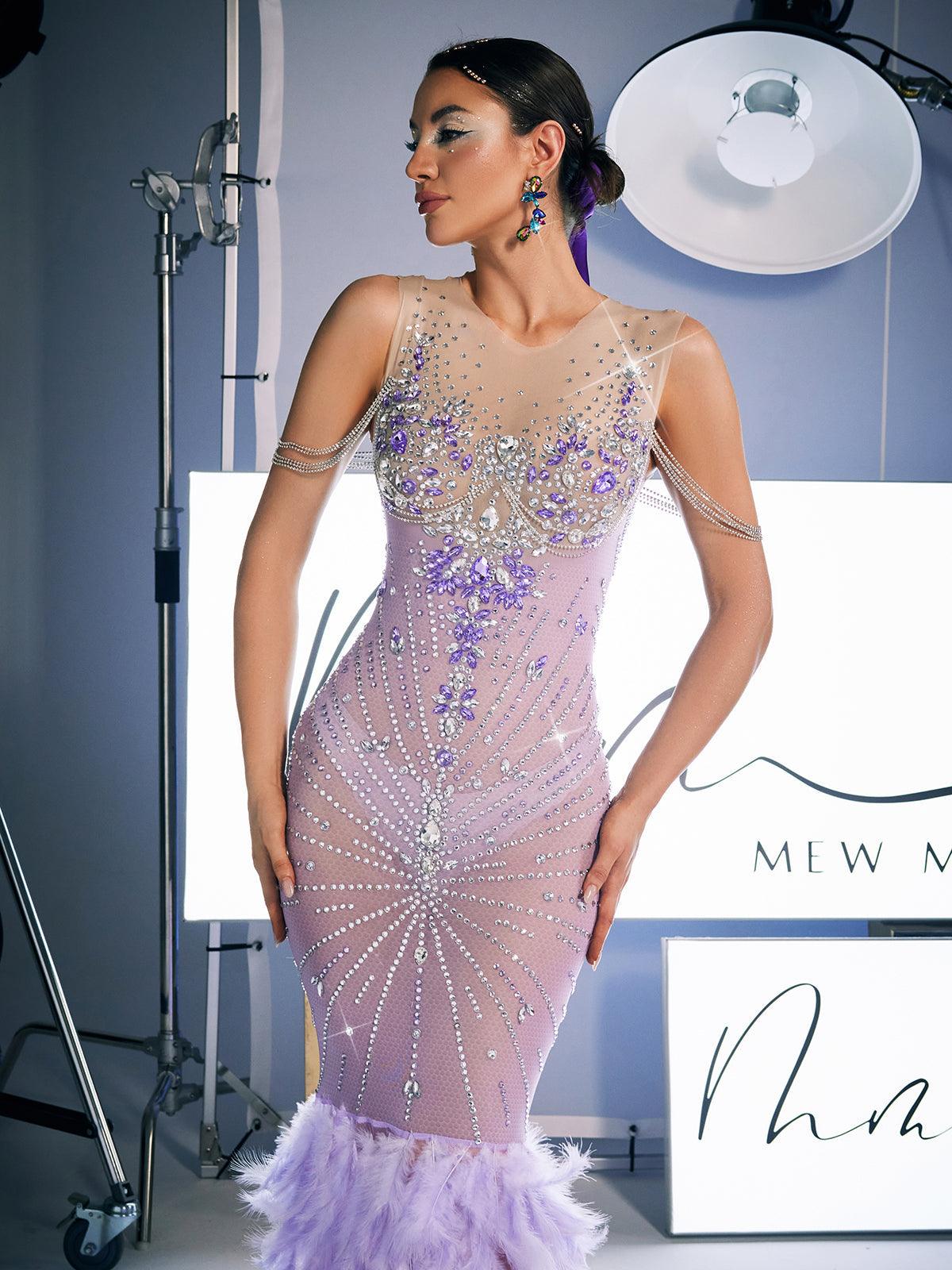 Chaviv Rhinestone Feather Maxi Dress