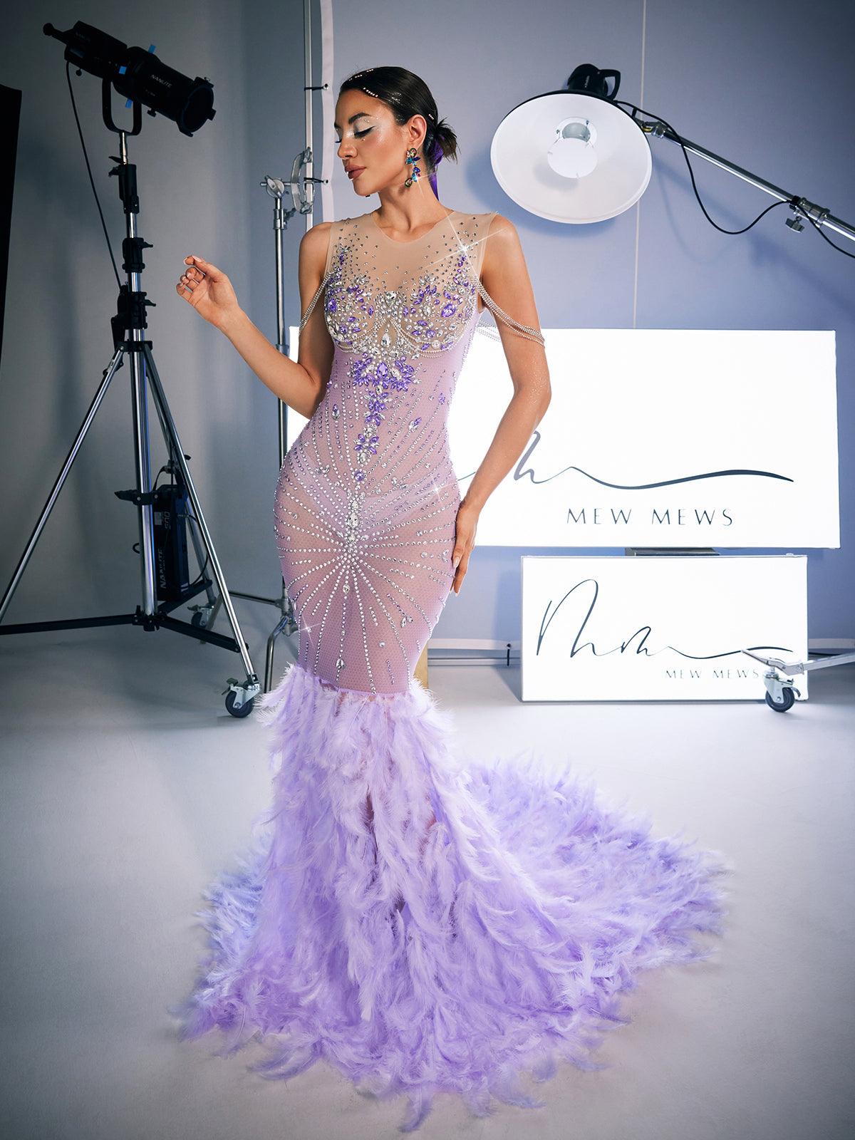 Chaviv Rhinestone Feather Maxi Dress