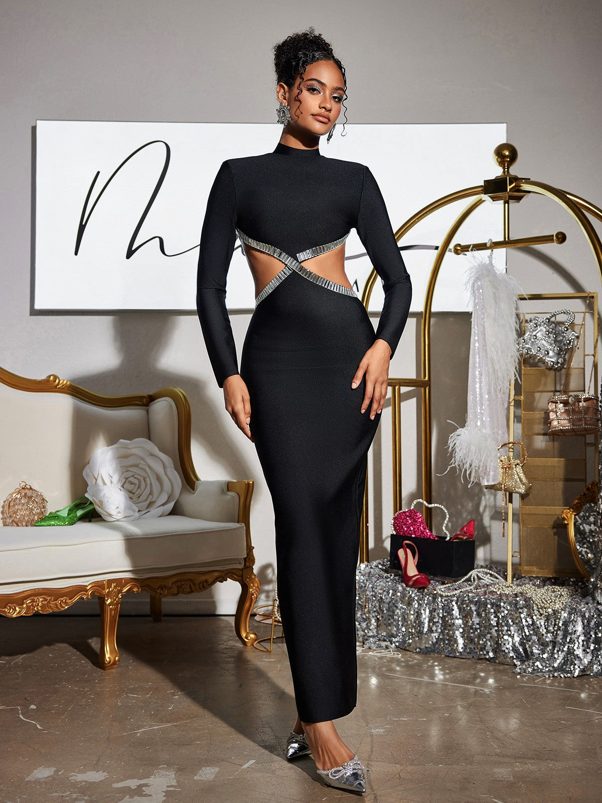 Ephai Rhinestone Cutout Bandage Dress In Black