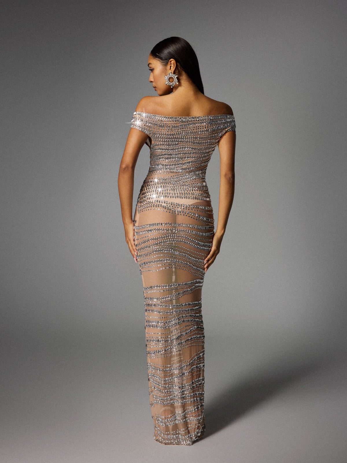 Eryx Off Shoulder Rhinestone Mesh Maxi Dress In Nude