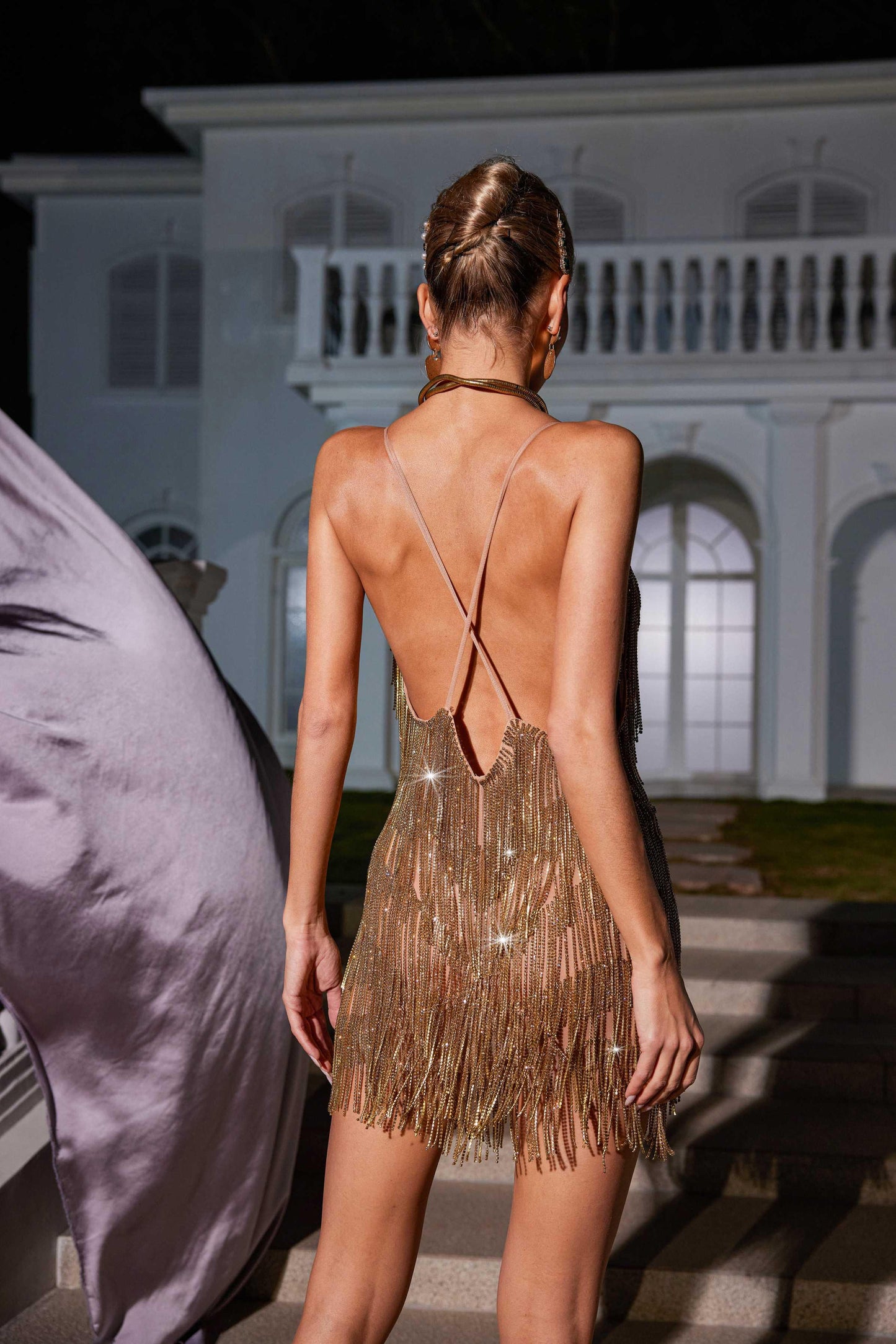 Fiadh Crystal Chain Fringe Mesh Mini Dress In Gold