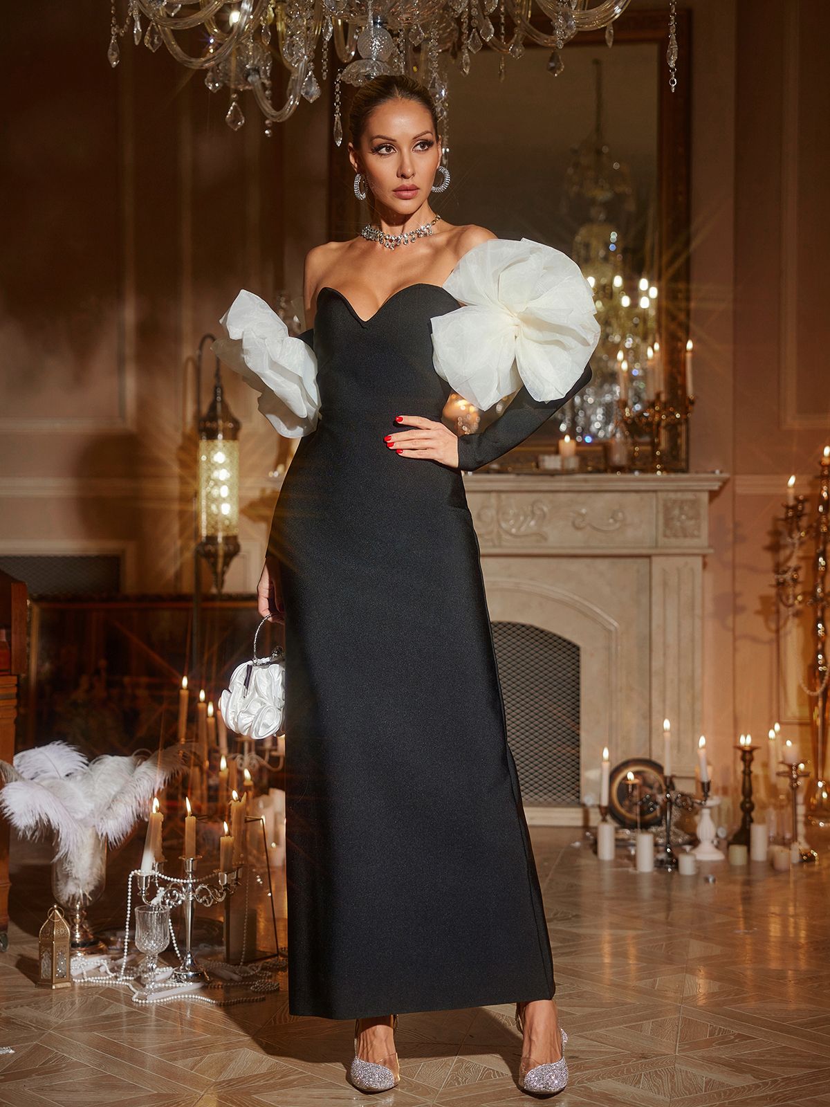 Ifra Off Shoulder Flower Bandage Maxi Dress In Black