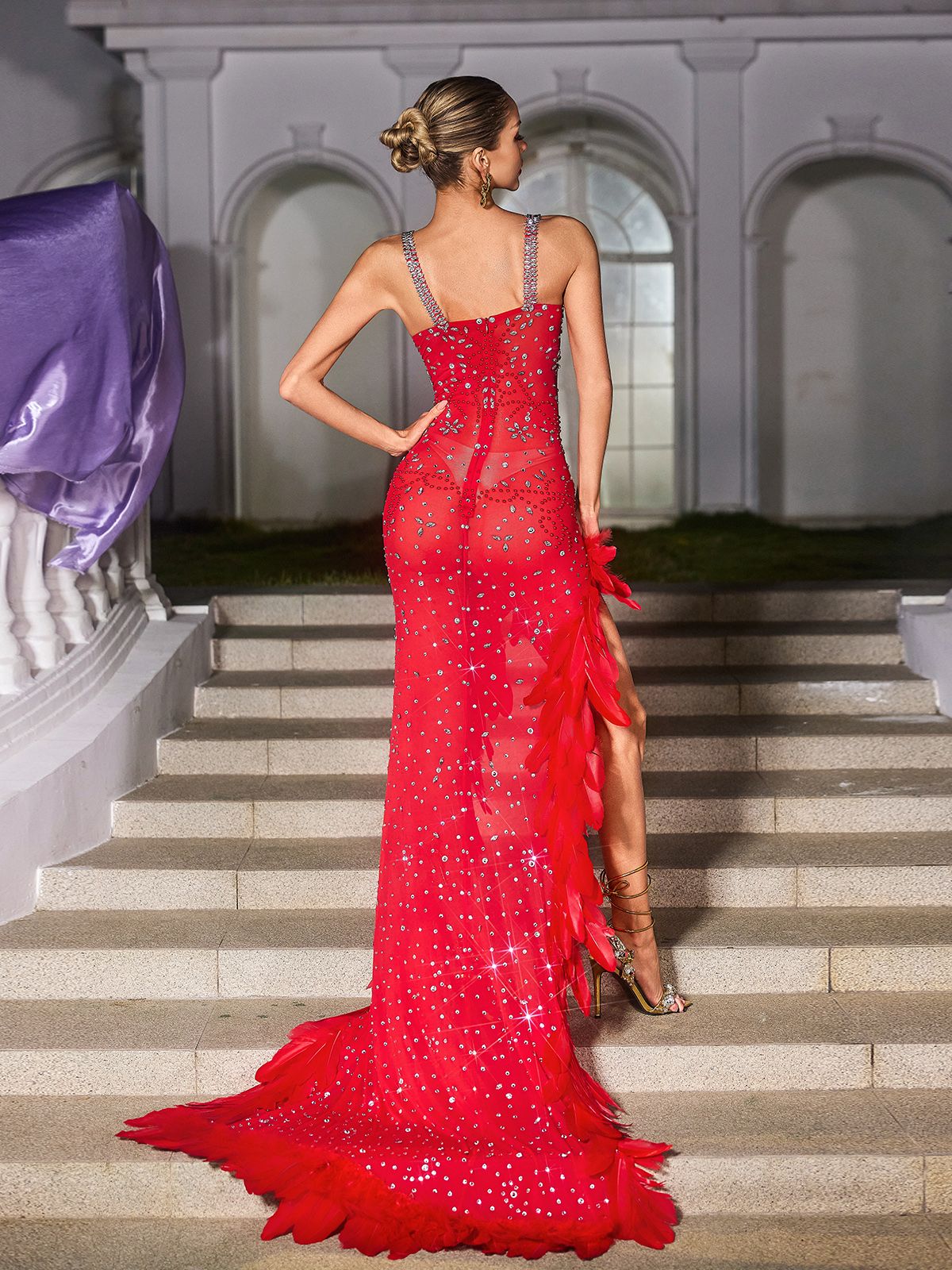 Ixara Spaghetti Rhinestone Feather Split Maxi Dress