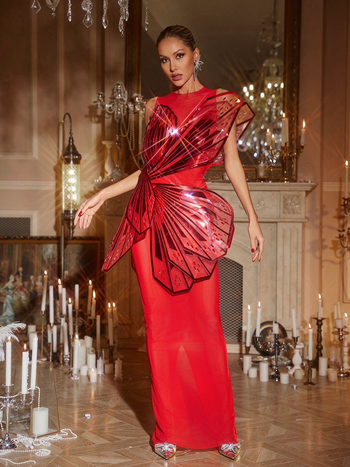Jaidlynn Butterfly Embellished Maxi Dress In Red