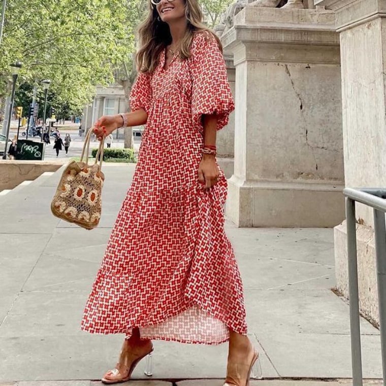 🌸Elegant Puff Sleeve Floral Boho Maxi Dress