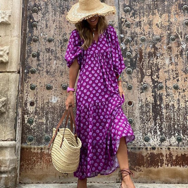 🌸Elegant Puff Sleeve Floral Boho Maxi Dress