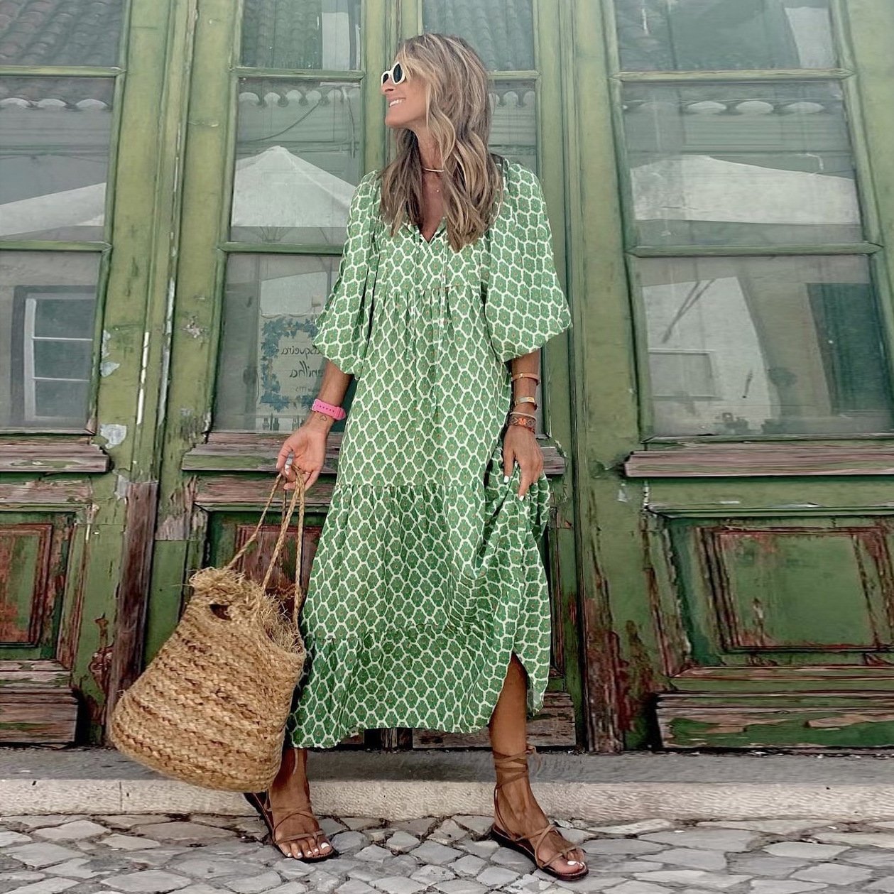 🌸Elegant Puff Sleeve Floral Boho Maxi Dress