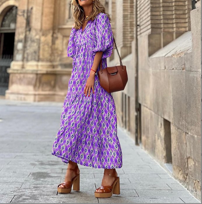 🌸Elegant Puff Sleeve Floral Boho Maxi Dress