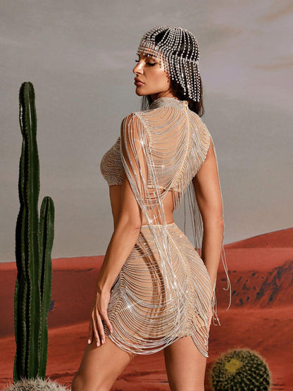 Abdiel Crystal Chain Skirt Set In Silver