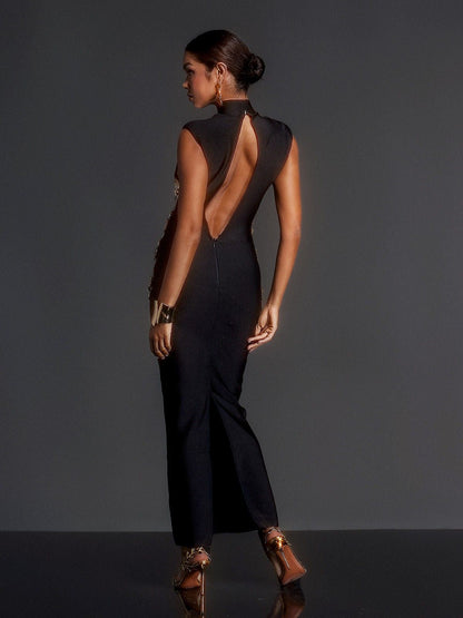 Adena High Neck Rhinestone Bandage Maxi Dress