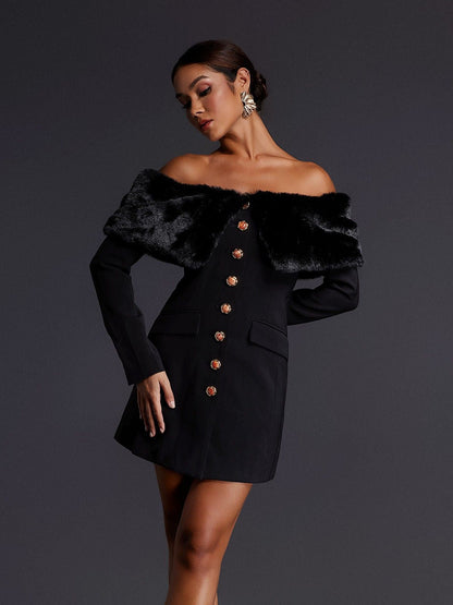 Aditi Faux Fur Button Mini Dress