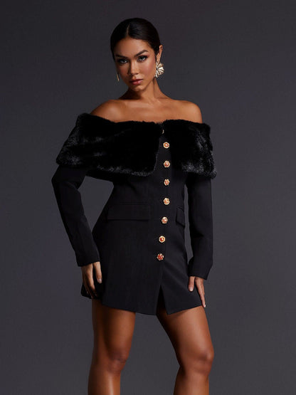 Aditi Faux Fur Button Mini Dress