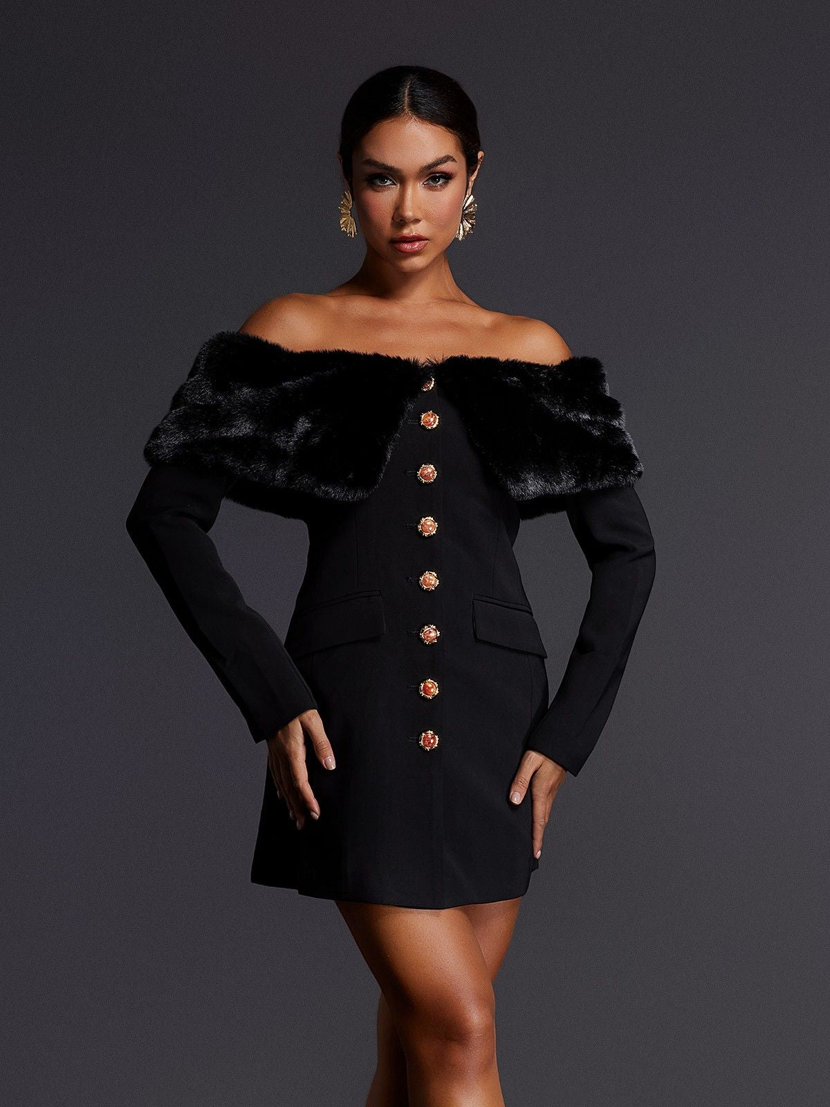 Aditi Faux Fur Button Mini Dress
