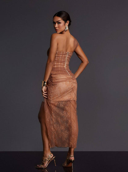 Adler One Shoulder Lace Mesh Midi Dress