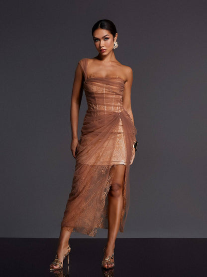 Adler One Shoulder Lace Mesh Midi Dress