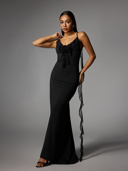 Aelthar Spaghetti Flower Maxi Dress In Black
