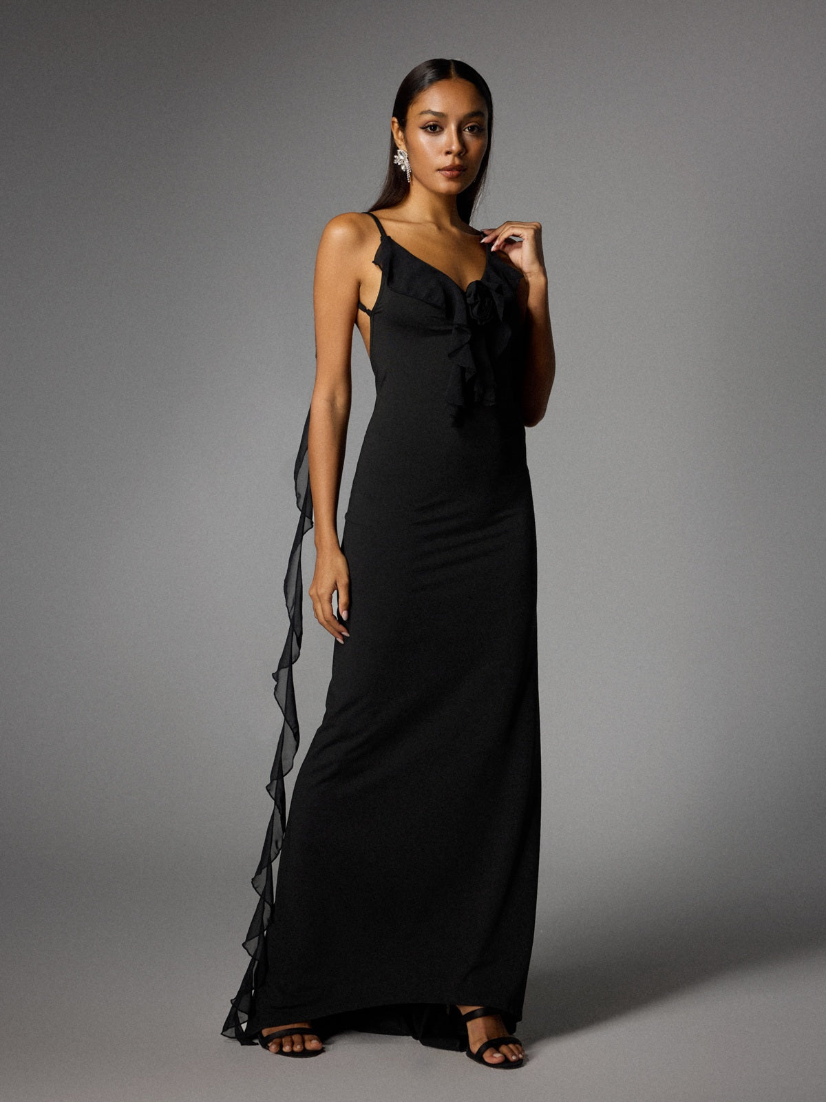 Aelthar Spaghetti Flower Maxi Dress In Black