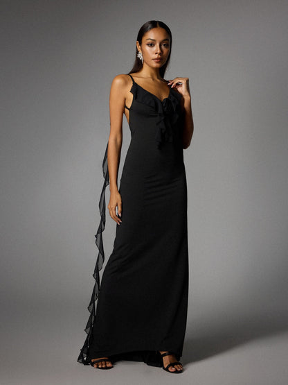 Aelthar Spaghetti Flower Maxi Dress In Black