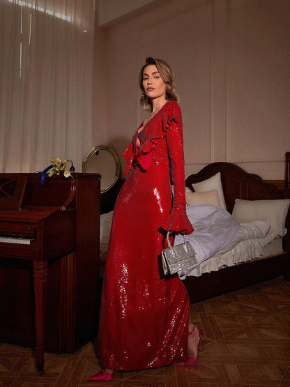 Ailana Flared Sleeves Cutout Sequin Maxi Dress