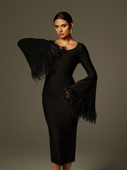 Ailyn Round Neck Feather Bandage Midi Dress