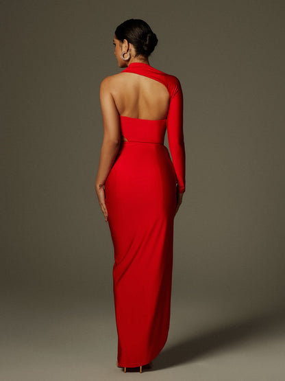 Aislyn One Shoulder Cutout Split Maxi Dress