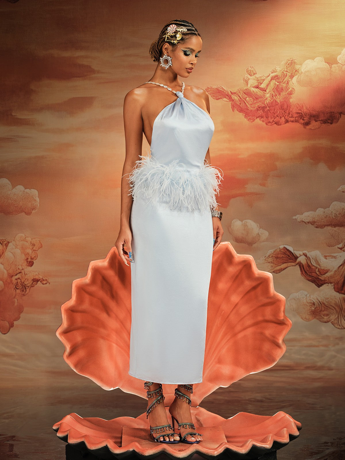 Aizza Backless Pearl Fringe Satin Midi Dress