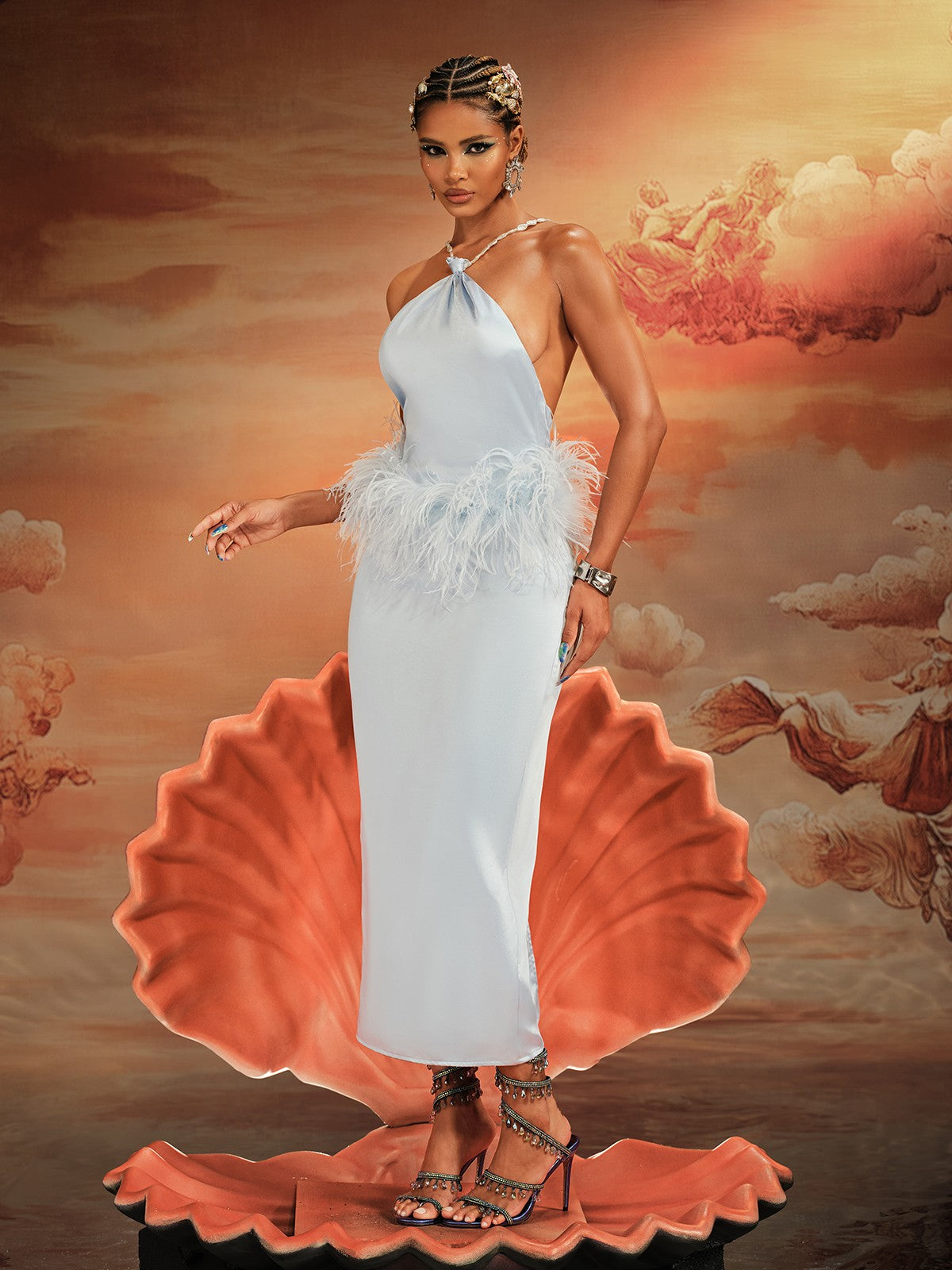 Aizza Backless Pearl Fringe Satin Midi Dress