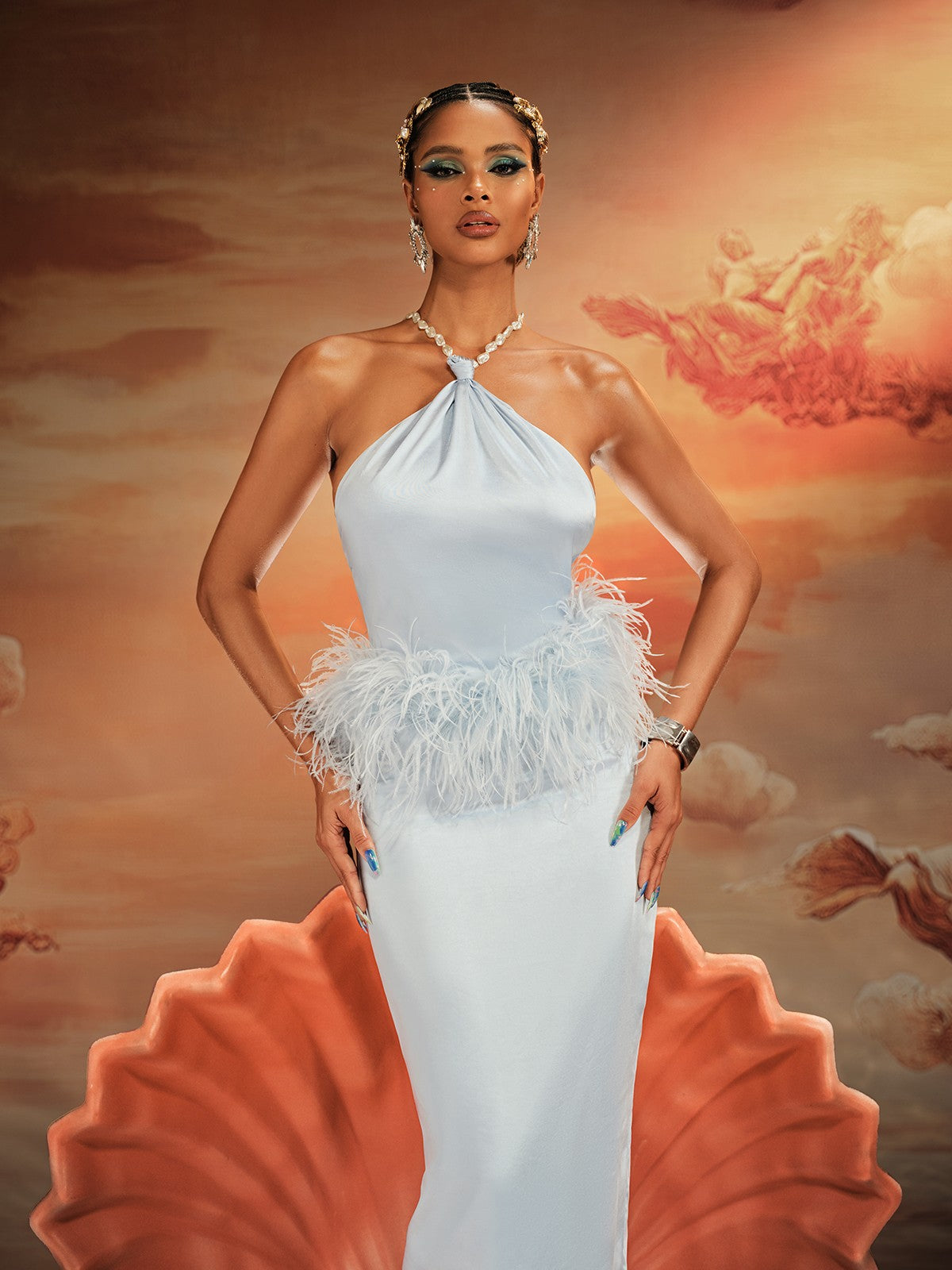 Aizza Backless Pearl Fringe Satin Midi Dress