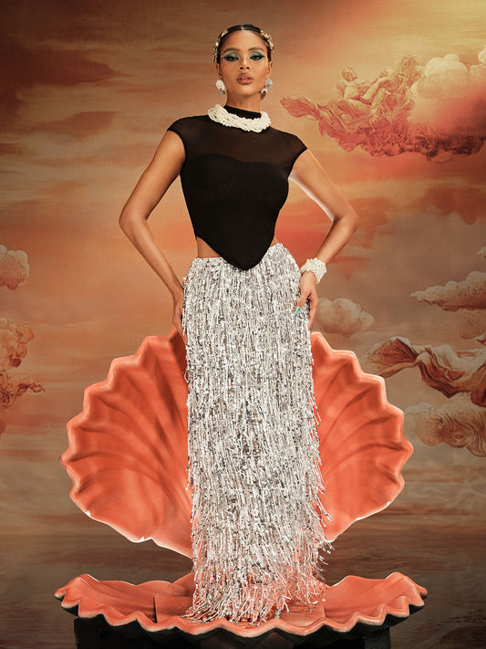 Ajmal Sequin Fringe Skirt Set