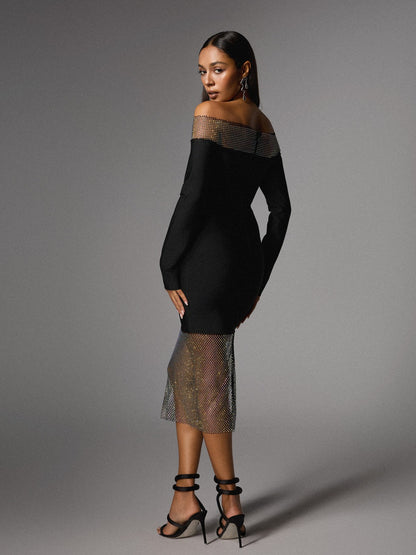Akuna Off Shoulder Crystal Bandage Midi Dress