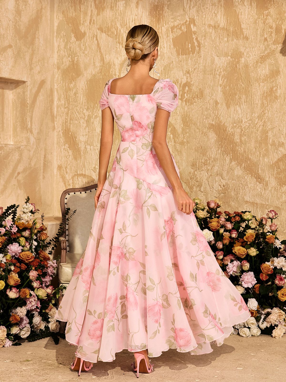 Alayja Flower Printed Mesh Maxi Dress