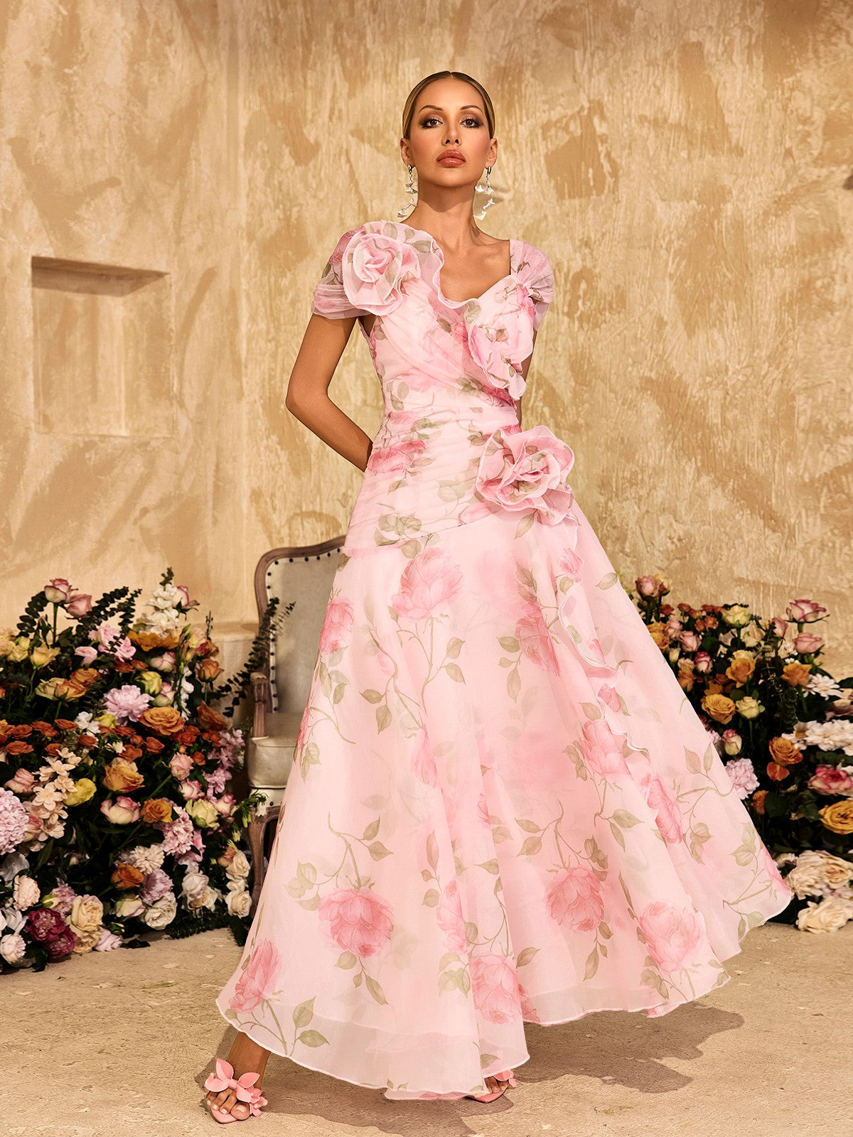 Alayja Flower Printed Mesh Maxi Dress