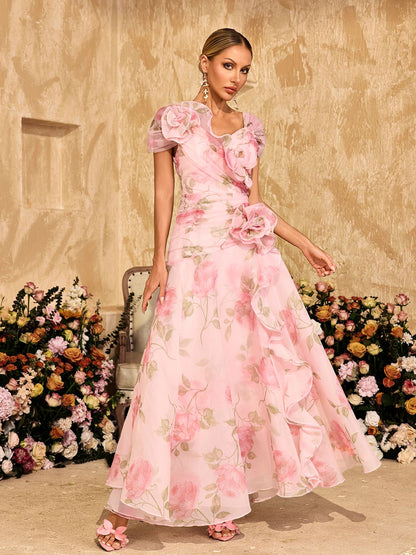 Alayja Flower Printed Mesh Maxi Dress