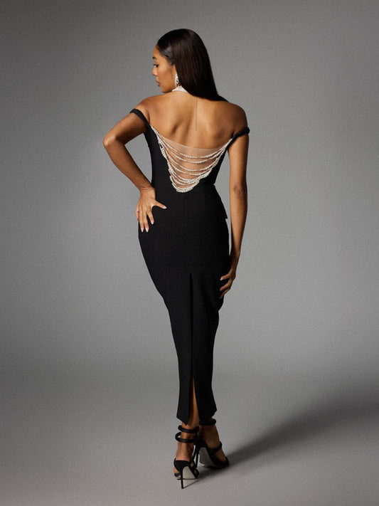 Albinia Backless Pearl Beaded Midi Dress