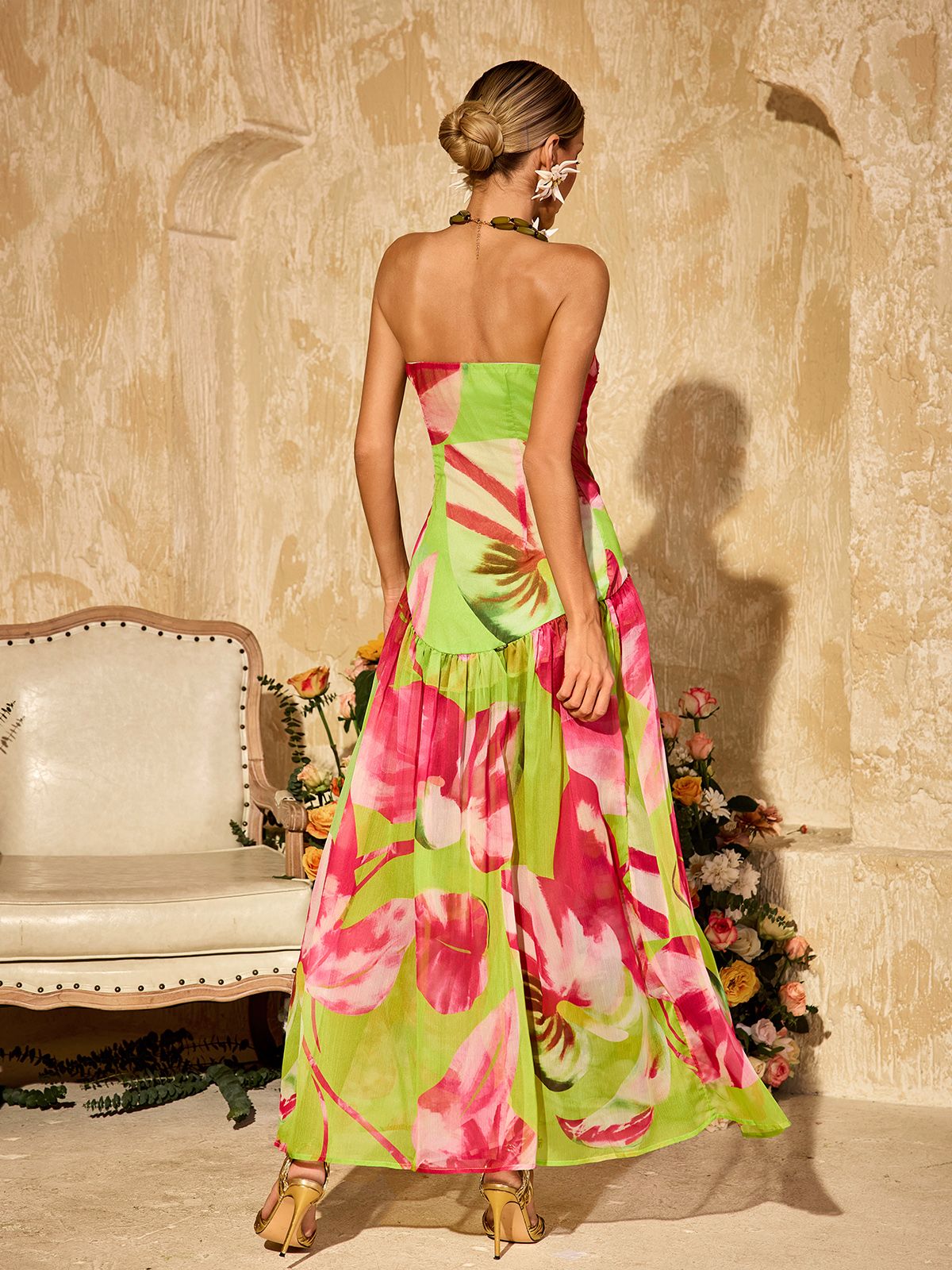 Alikae Strapless Printed Split Maxi Dress