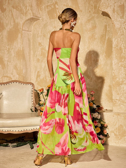 Alikae Strapless Printed Split Maxi Dress