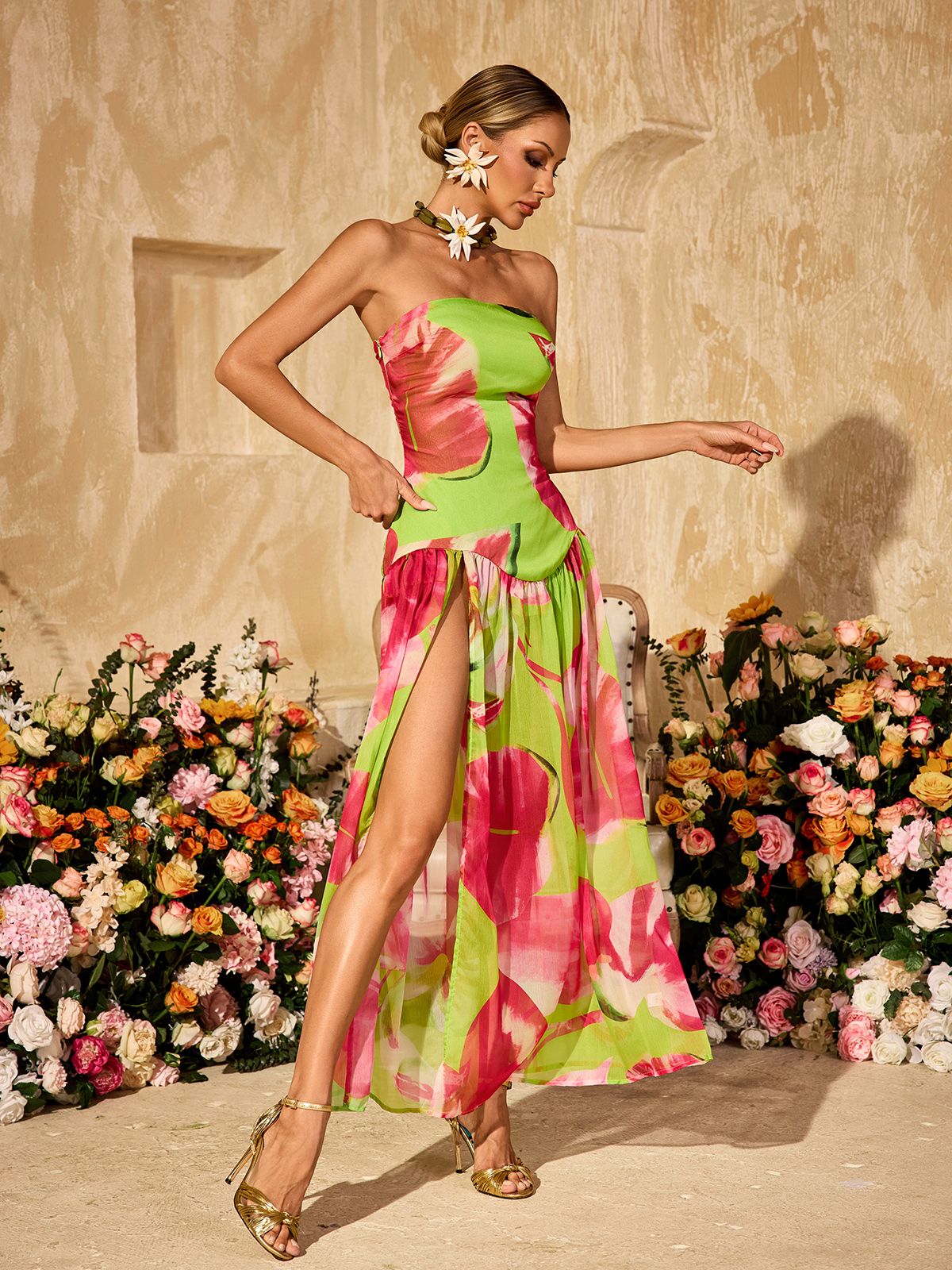 Alikae Strapless Printed Split Maxi Dress