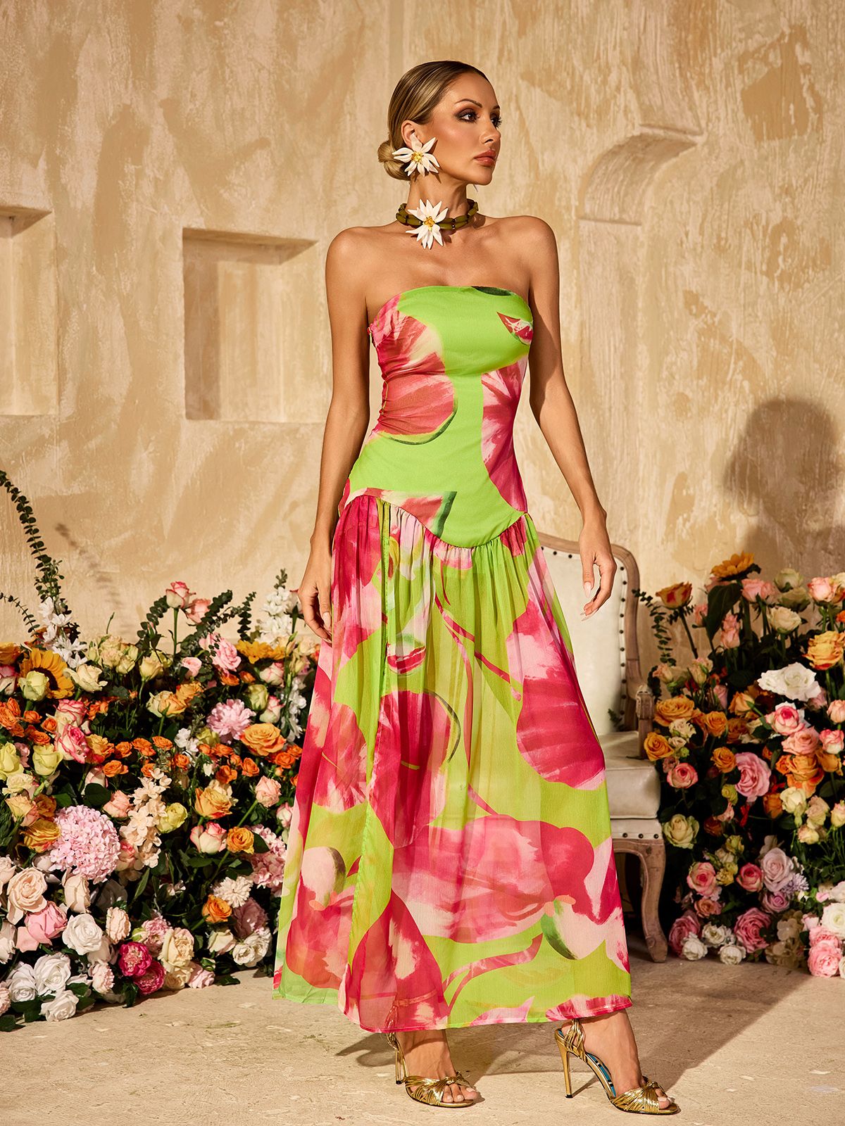Alikae Strapless Printed Split Maxi Dress
