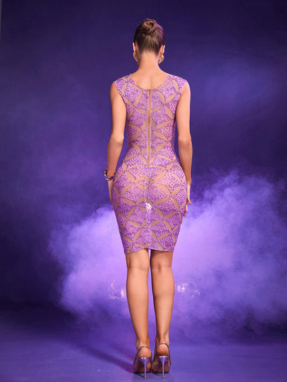 Alizeh Sleeveless Square Rhinestone Mesh Dress