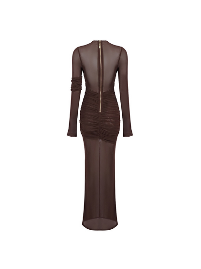 Alkas Long Sleeve Ruched Mesh Maxi Dress