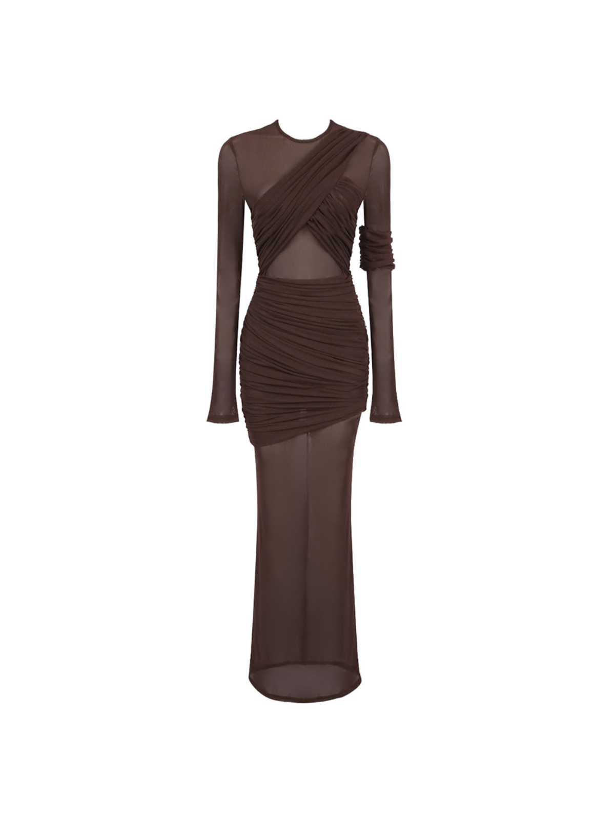 Alkas Long Sleeve Ruched Mesh Maxi Dress