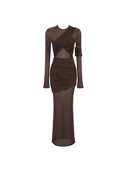 Alkas Long Sleeve Ruched Mesh Maxi Dress