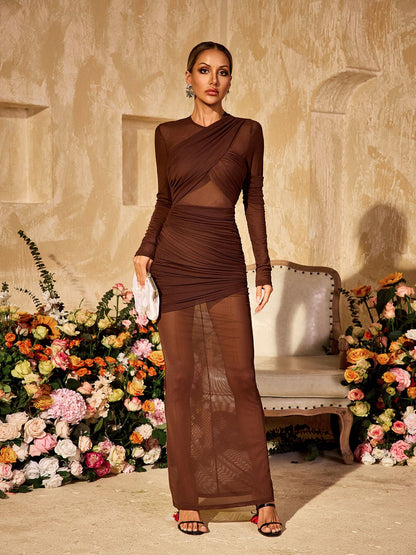 Alkas Long Sleeve Ruched Mesh Maxi Dress