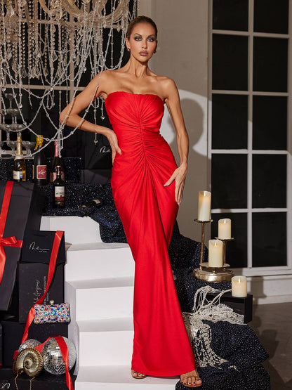 Allaire Strapless Ruched Satin Maxi Dress