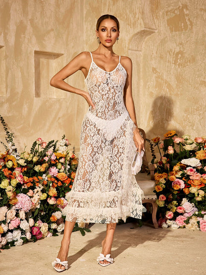Aloisia Spaghetti Floral Lace Midi Dress