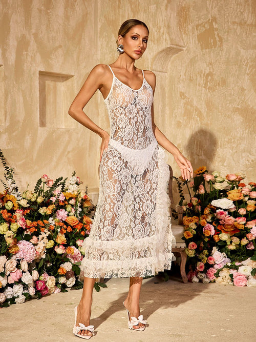 Aloisia Spaghetti Floral Lace Midi Dress