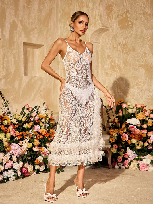 Aloisia Spaghetti Floral Lace Midi Dress