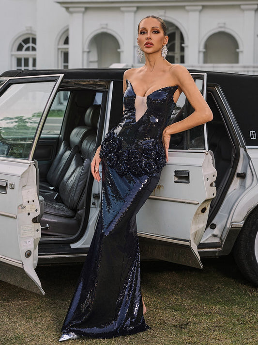 Althara Strapless Flower Sequin Maxi Dress