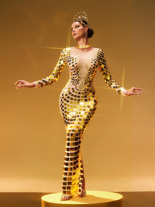 Angie Long Sleeve Curve Embellished Maxi Dress In Gold