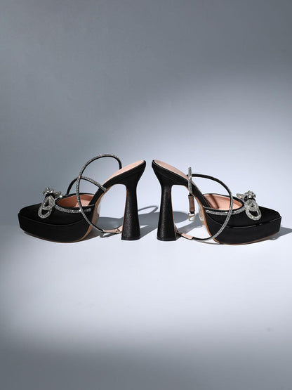 Anouk Bow Crystal Satin Heels In Black